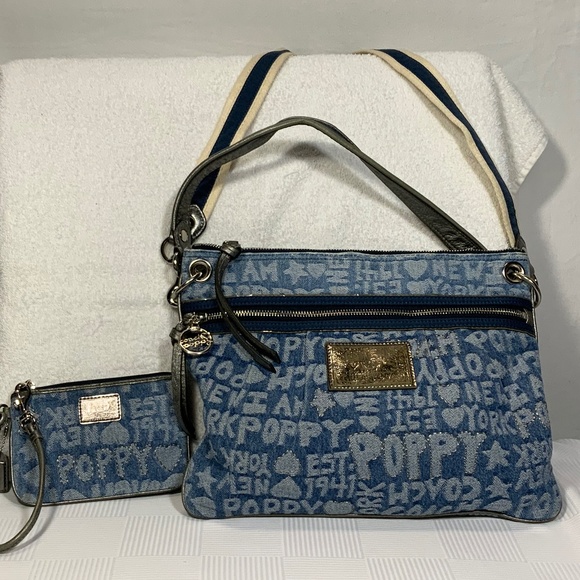 Coach Handbags - Coach New York Poppy Signature Woodblock Denim Purse & Wristlet